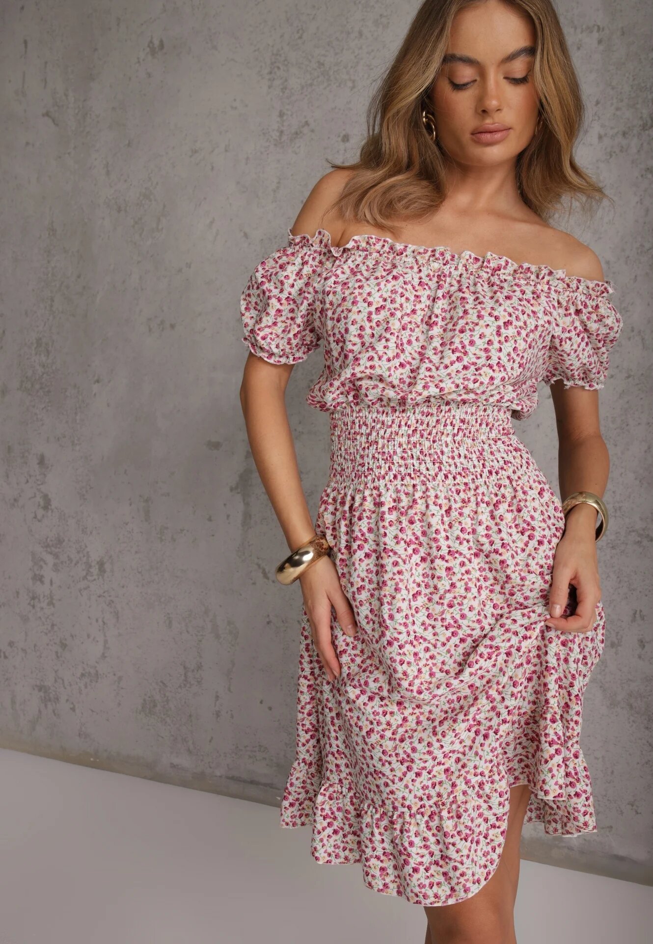 defox Rochie Alb-Roșie de bumbac cu elastic în talie cu croială spaniolă Jazmi