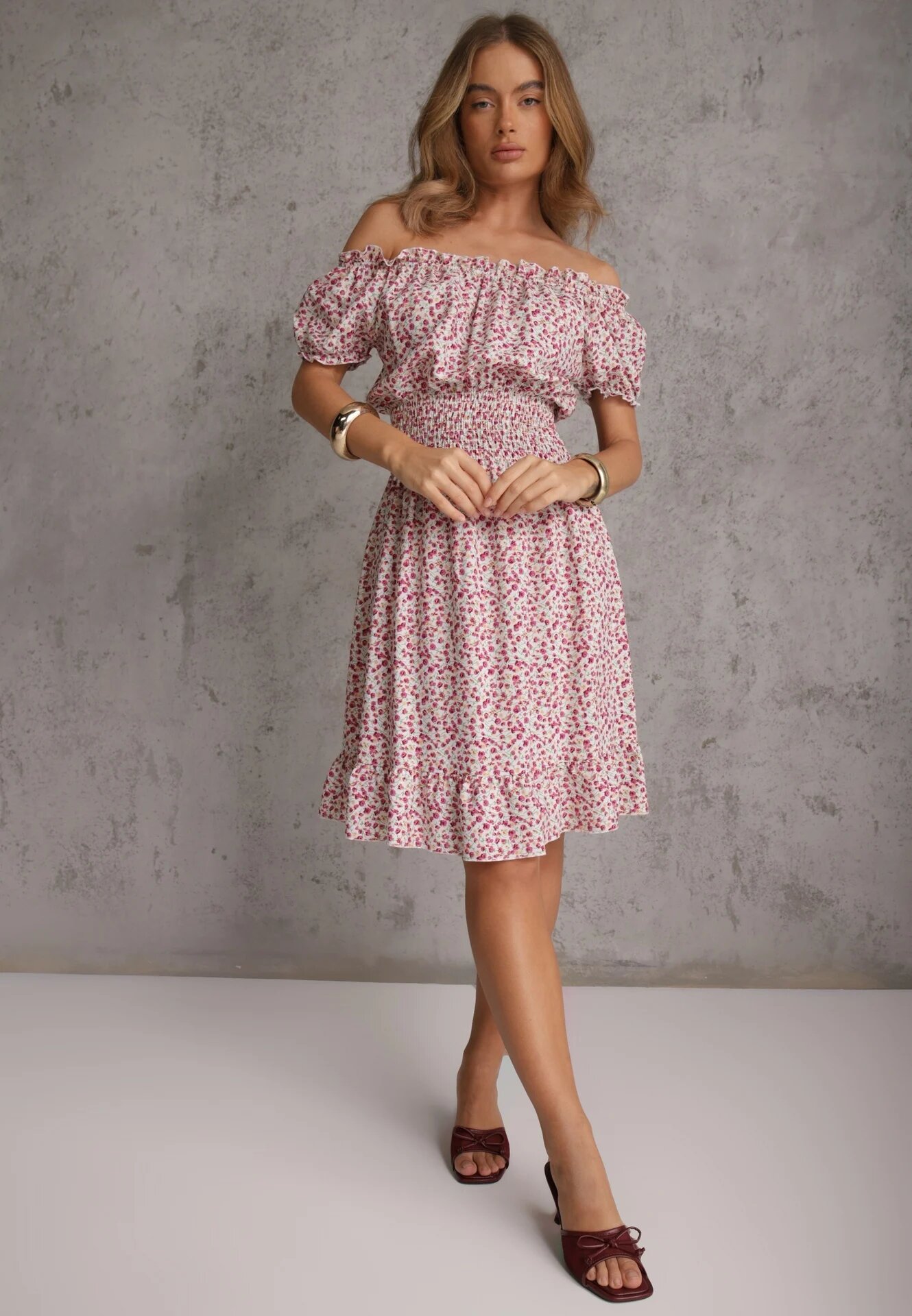defox Rochie Alb-Roșie de bumbac cu elastic în talie cu croială spaniolă Jazmi