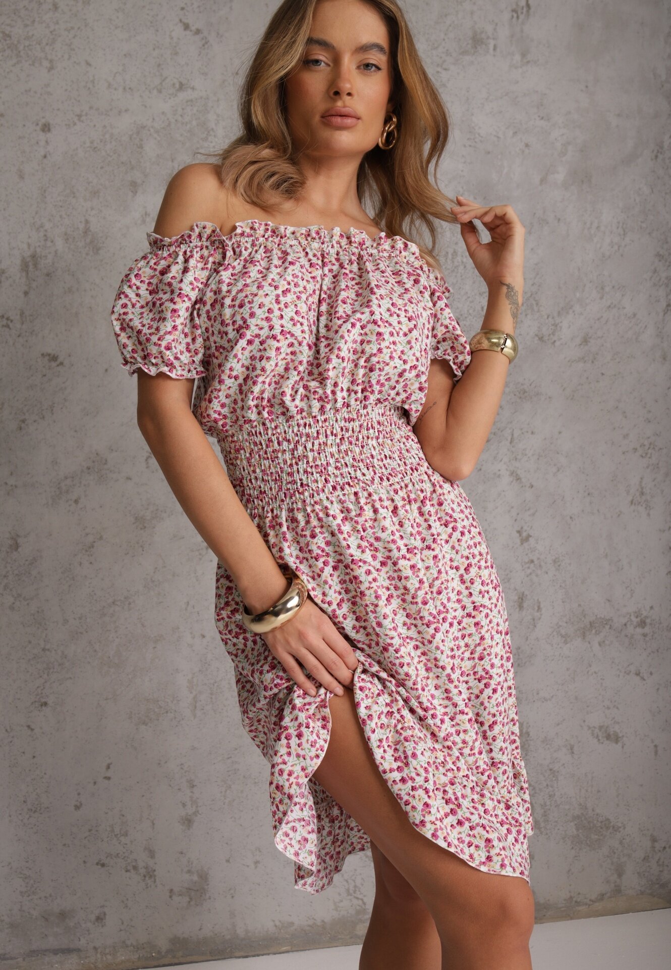 defox Rochie Alb-Roșie de bumbac cu elastic în talie cu croială spaniolă Jazmi