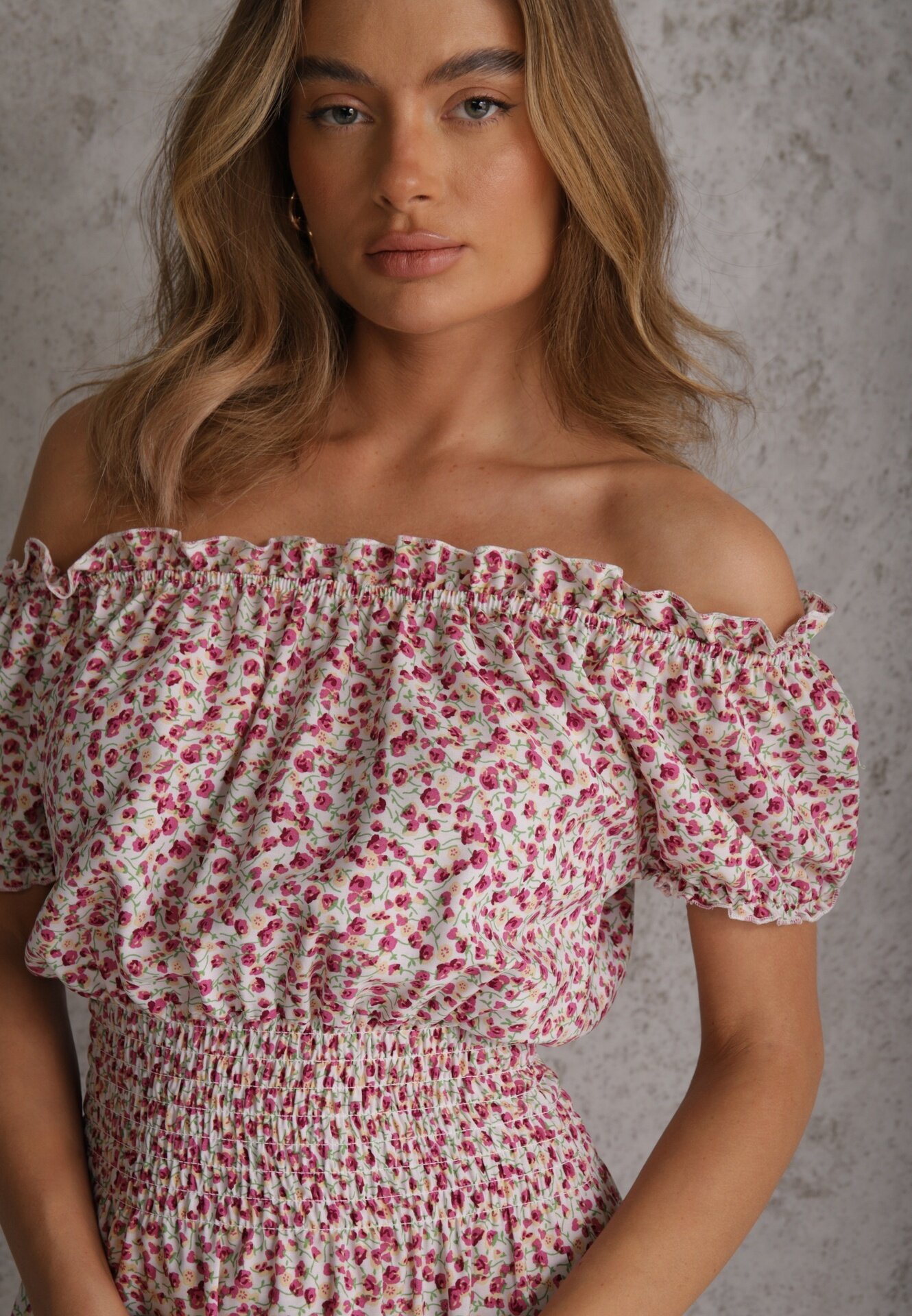 defox Rochie Alb-Roșie de bumbac cu elastic în talie cu croială spaniolă Jazmi