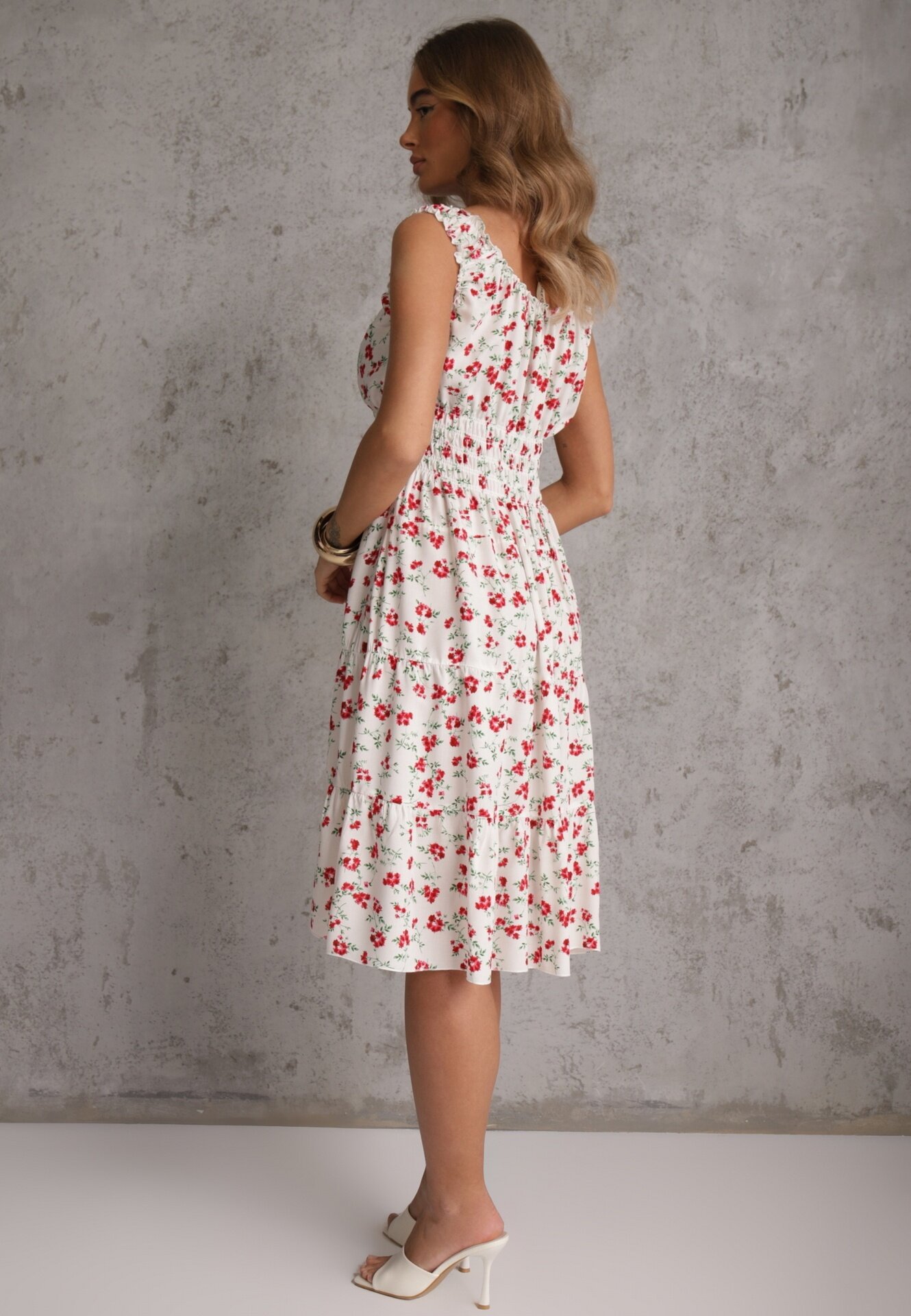 defox Rochie Alb-Roșu Evazată cu bretele cu imprimeu floral Xallio