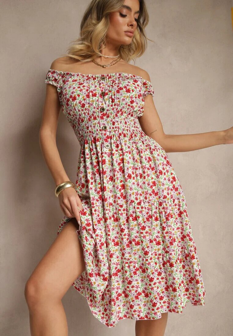 defox Rochie Alb-Roz de bumbac cu nasturi croială evazată și imprimeu floral Roniselle