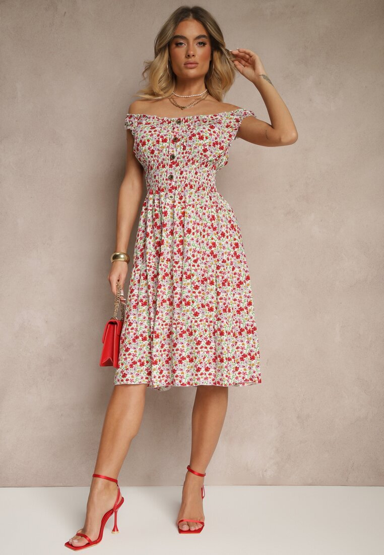 defox Rochie Alb-Roz de bumbac cu nasturi croială evazată și imprimeu floral Roniselle