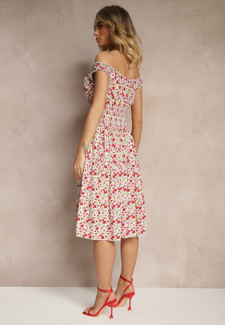 defox Rochie Alb-Roz de bumbac cu nasturi croială evazată și imprimeu floral Roniselle