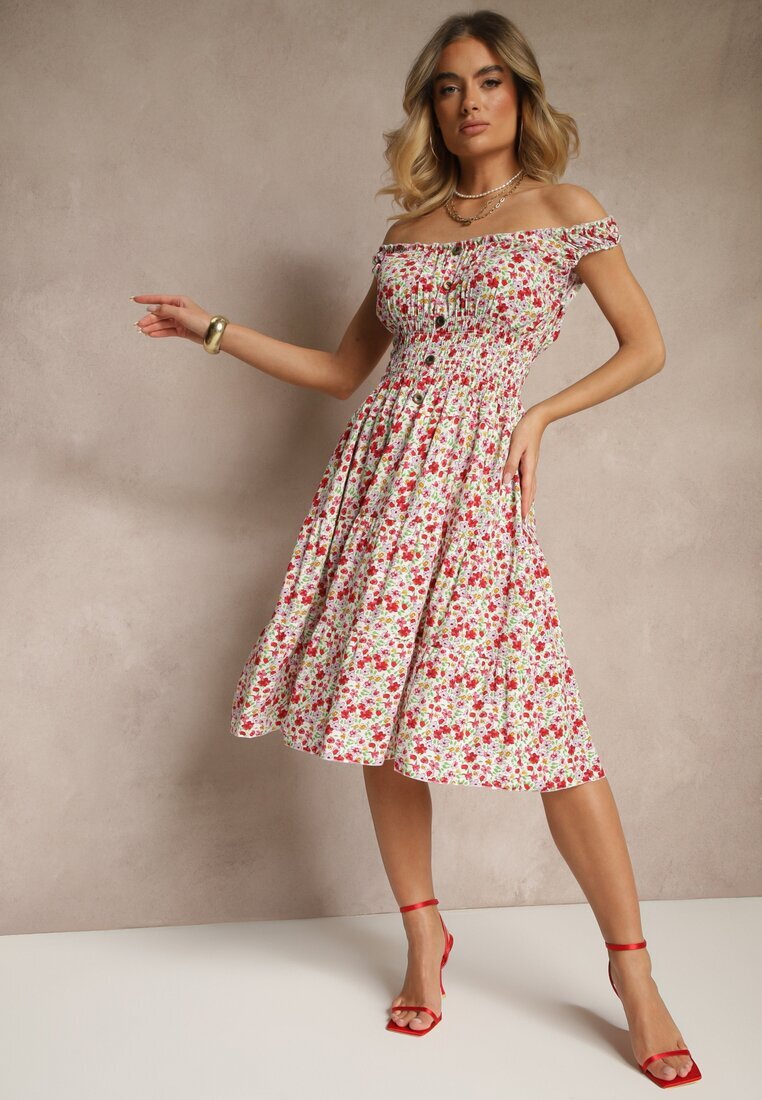 defox Rochie Alb-Roz de bumbac cu nasturi croială evazată și imprimeu floral Roniselle