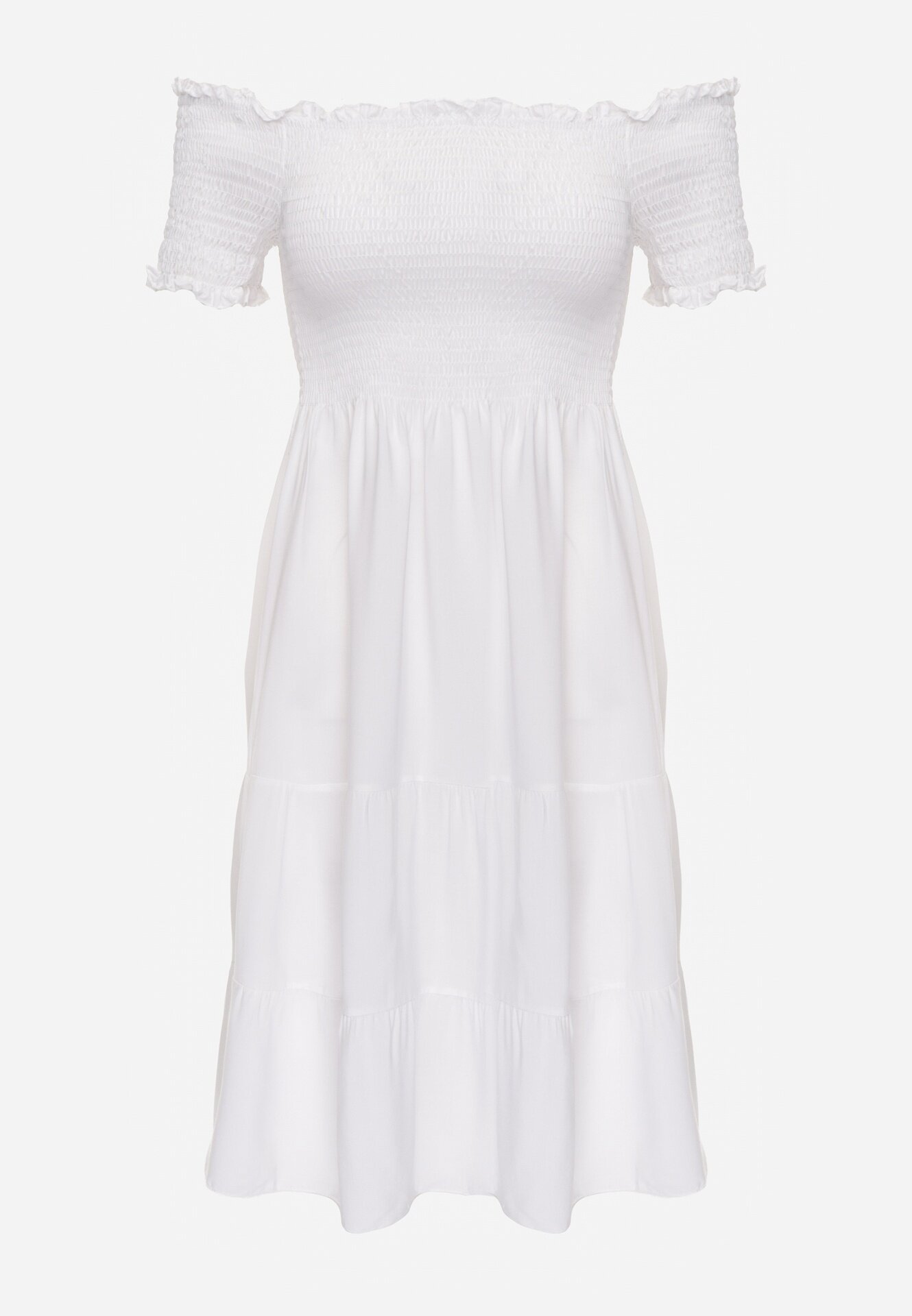 defox Rochie Albă de Vară din Bumbac cu umerii goi cu Volane Evazate Lorania