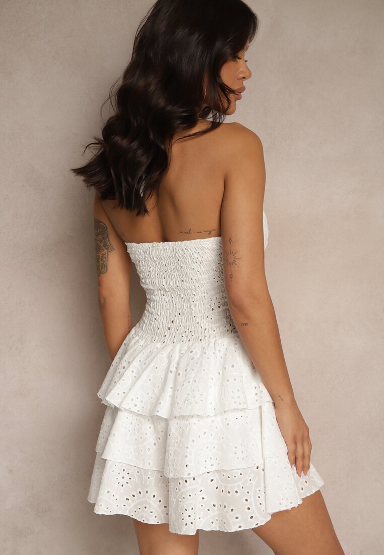defox Rochie Albă Halter din Țesătură de Bumbac Brodată Decorată cu Volane Filaritia