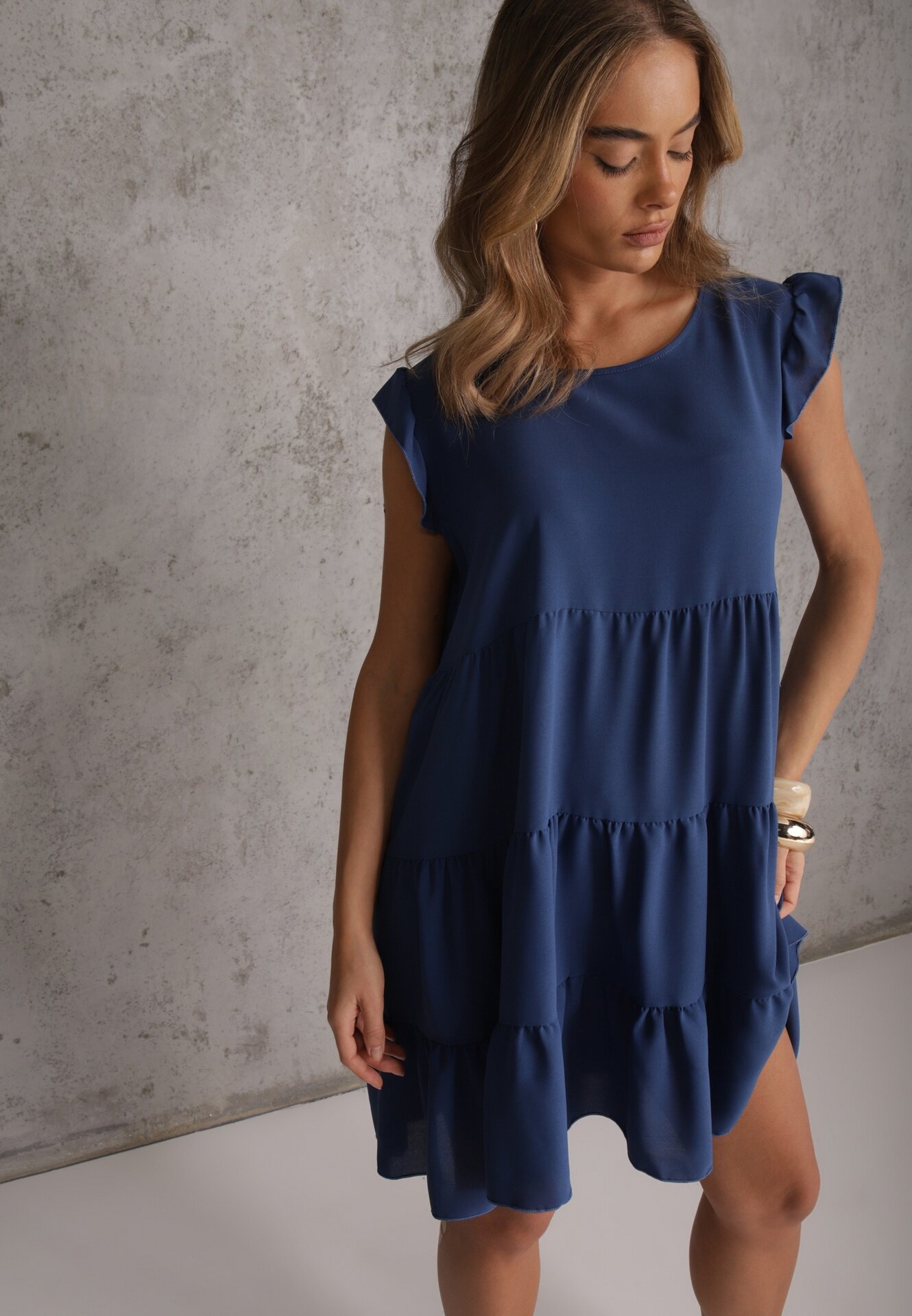 defox Rochie Albastră cu Mânecă Scurtă și Volane Decorative cu Croială Evazată Vetesa