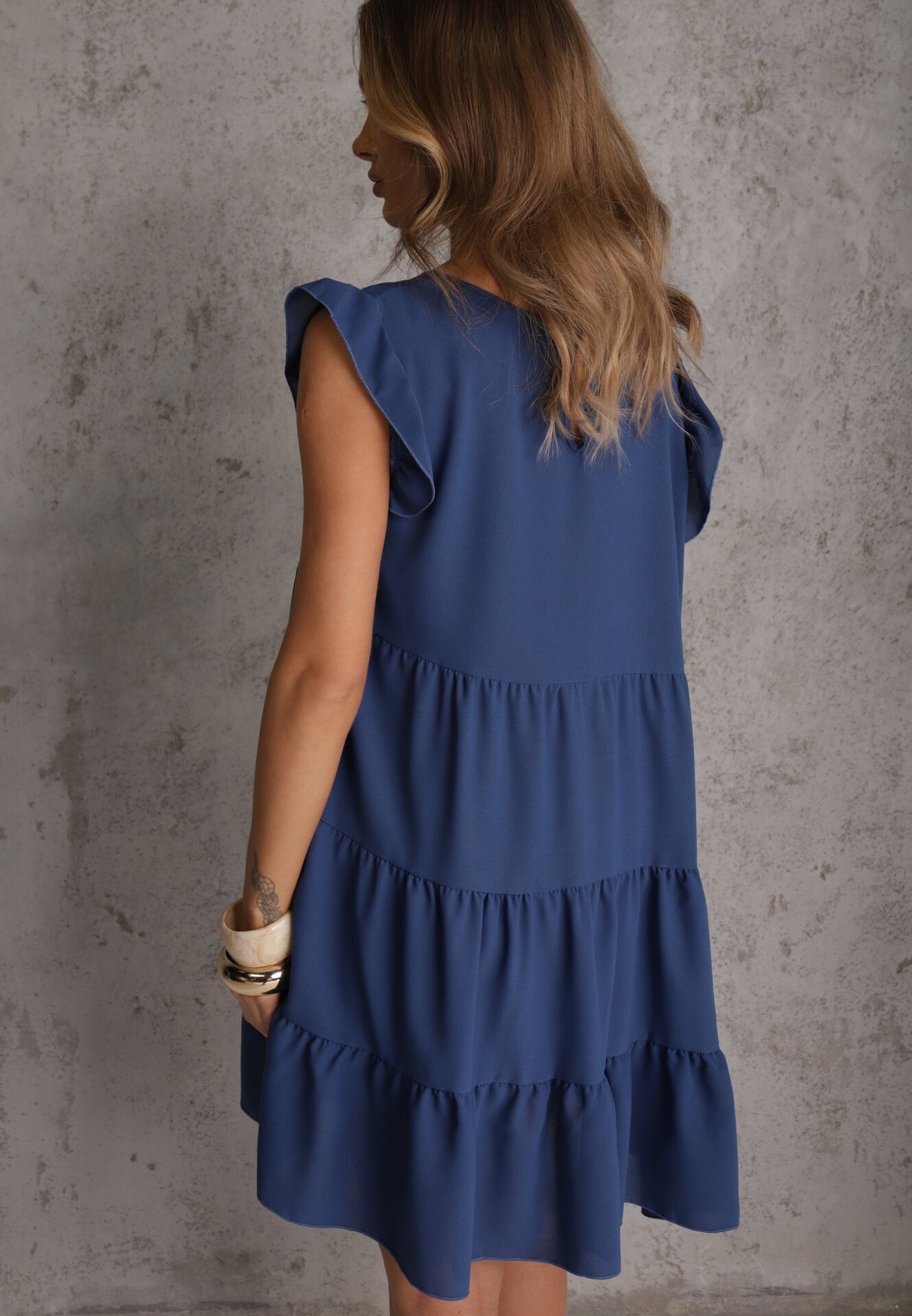 defox Rochie Albastră cu Mânecă Scurtă și Volane Decorative cu Croială Evazată Vetesa