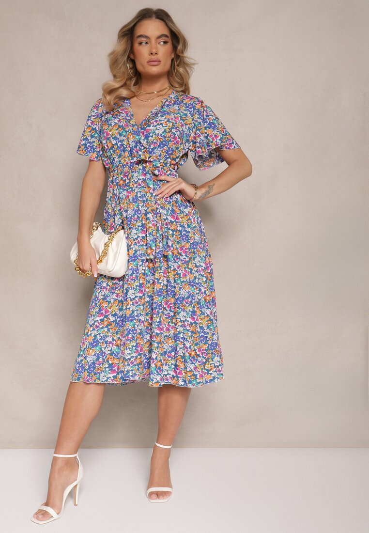defox Rochie Albastră cu Pliuri cu Imprimeu Floral cu Croială Cloș Lanelin