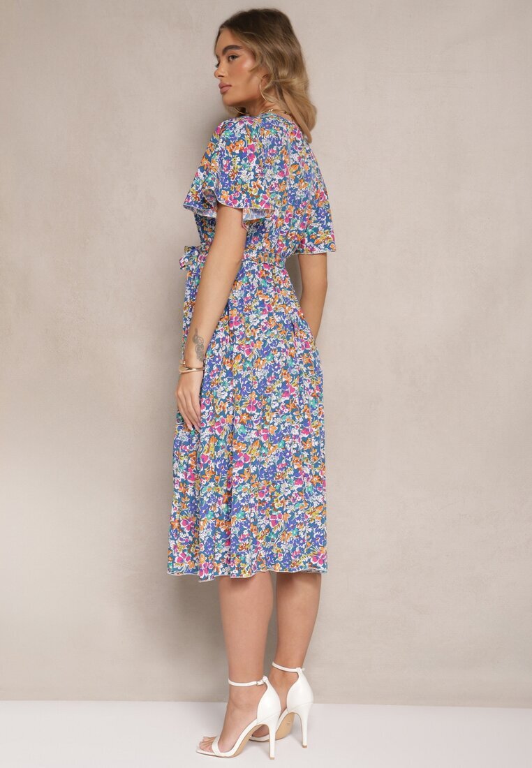 defox Rochie Albastră cu Pliuri cu Imprimeu Floral cu Croială Cloș Lanelin
