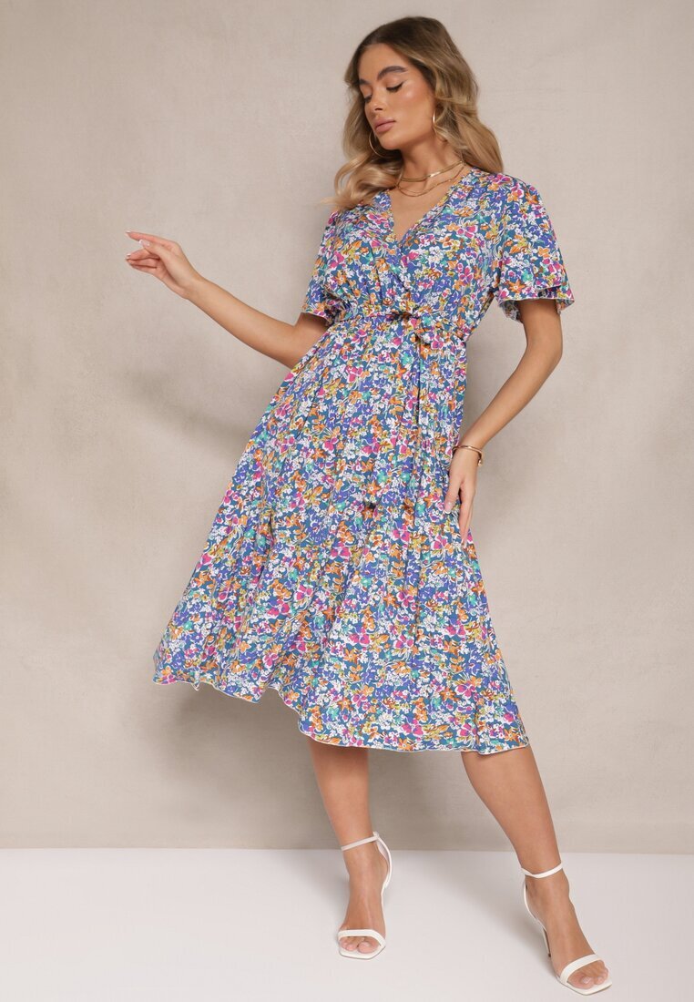 defox Rochie Albastră cu Pliuri cu Imprimeu Floral cu Croială Cloș Lanelin
