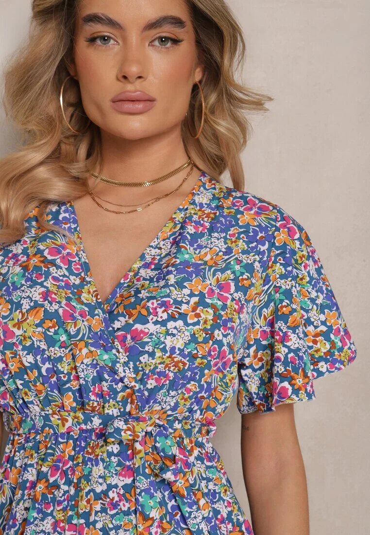 defox Rochie Albastră cu Pliuri cu Imprimeu Floral cu Croială Cloș Lanelin