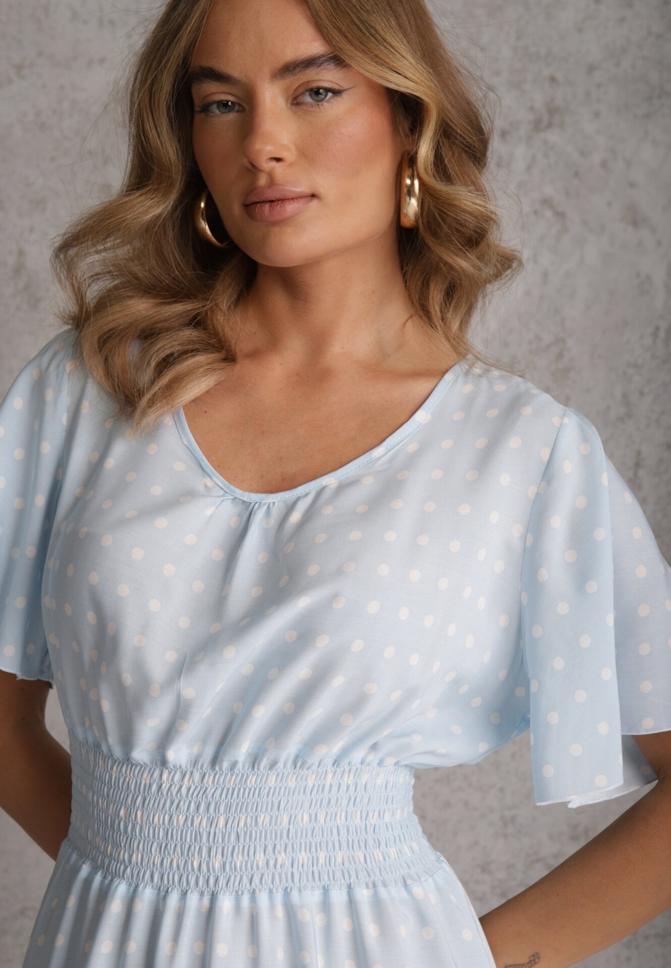 defox Rochie albastră deschisă din bumbac cu croială evazată cu buline Tolimirae