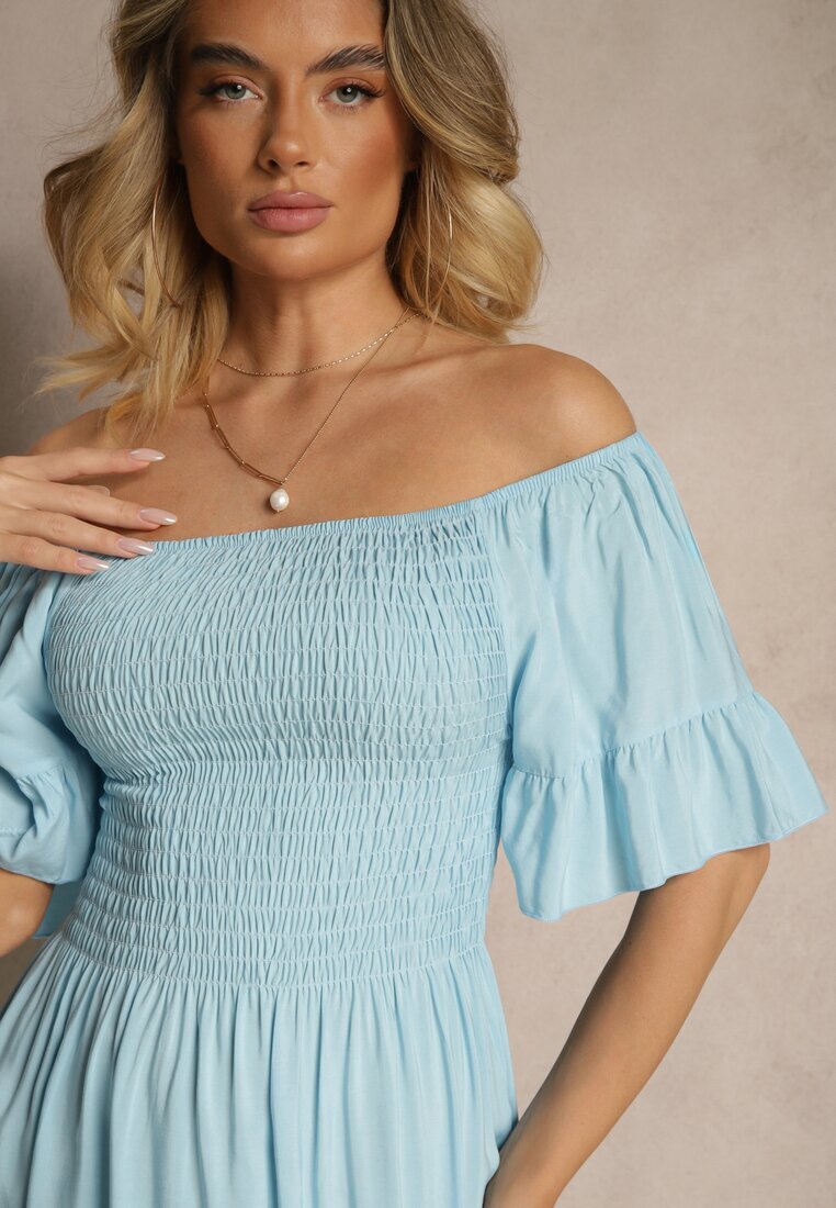 defox Rochie Albastră Deschisă Evazată din Bumbac cu Mâneci Bufante și cu Elastic la Bust Norlio