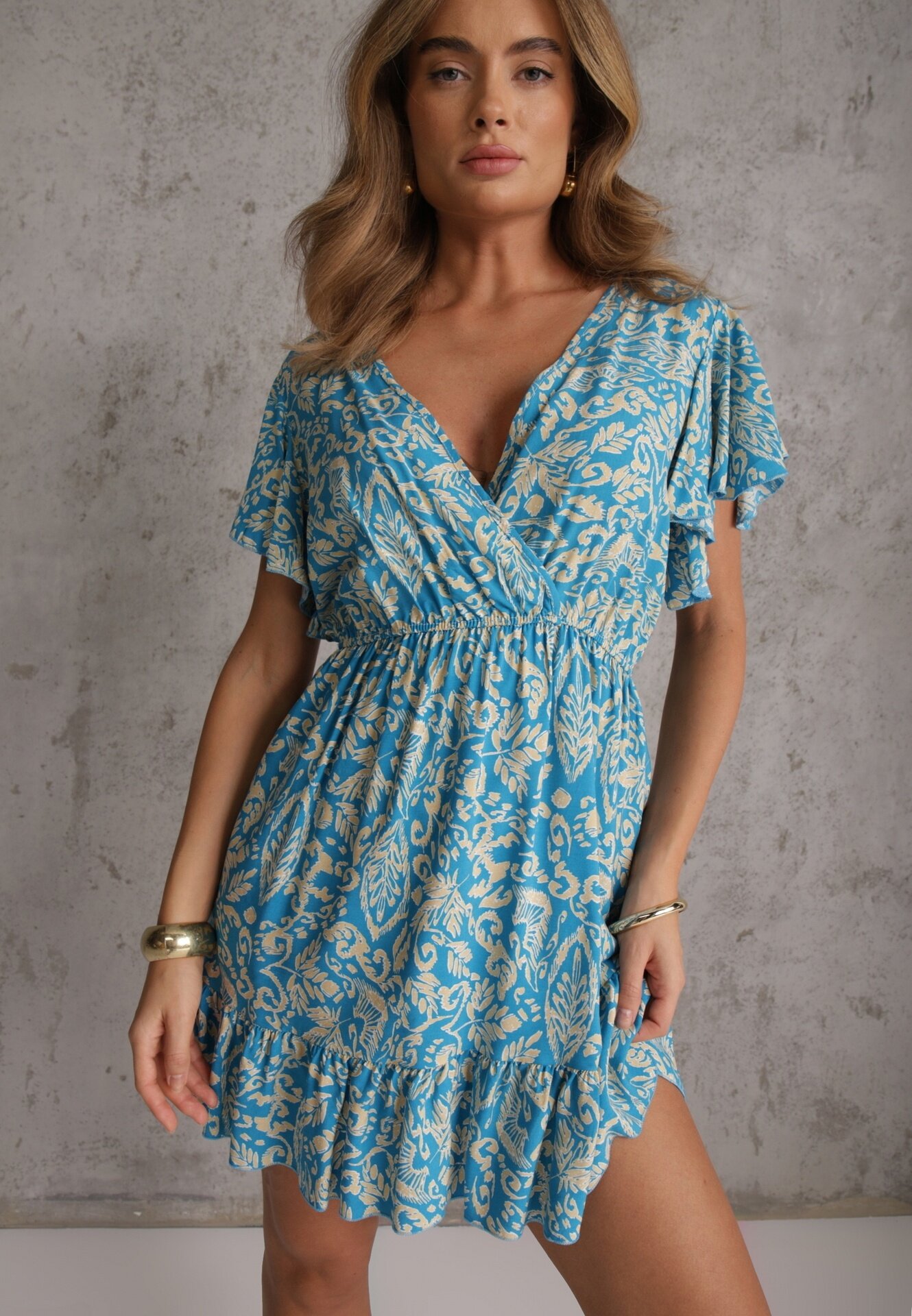 defox Rochie Albastră din Bumbac cu Croială Cloș Decorată cu Volane și Elastic în Talie Neliaura