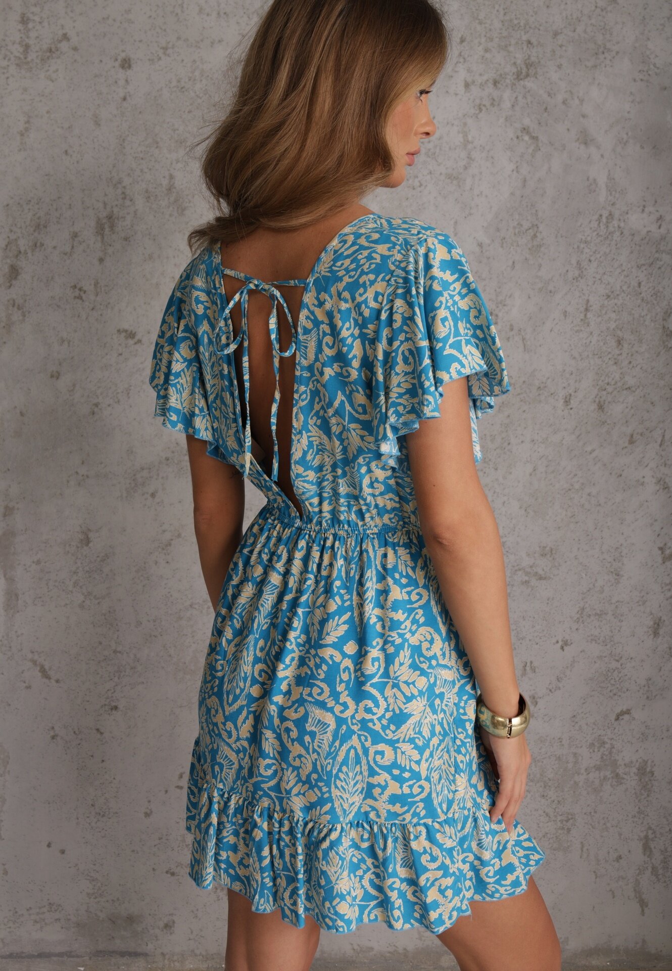 defox Rochie Albastră din Bumbac cu Croială Cloș Decorată cu Volane și Elastic în Talie Neliaura