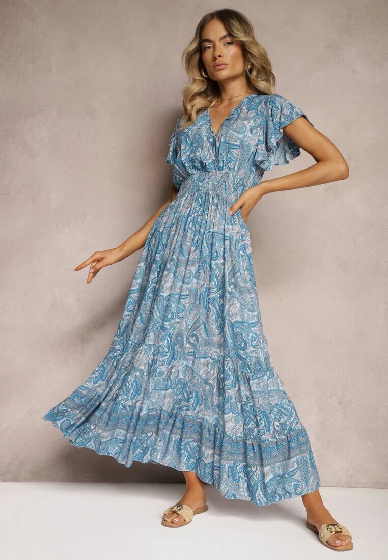 defox Rochie Albastră din Bumbac Paisley cu Decolteu petrecut cu Volane și Elastic în talie Brionea