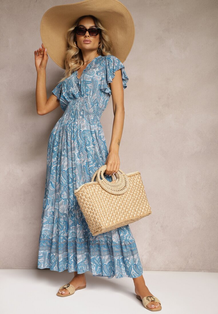 defox Rochie Albastră din Bumbac Paisley cu Decolteu petrecut cu Volane și Elastic în talie Brionea