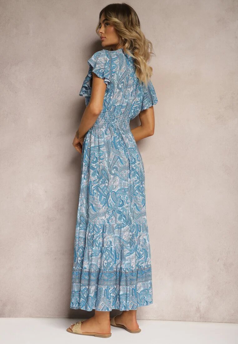 defox Rochie Albastră din Bumbac Paisley cu Decolteu petrecut cu Volane și Elastic în talie Brionea