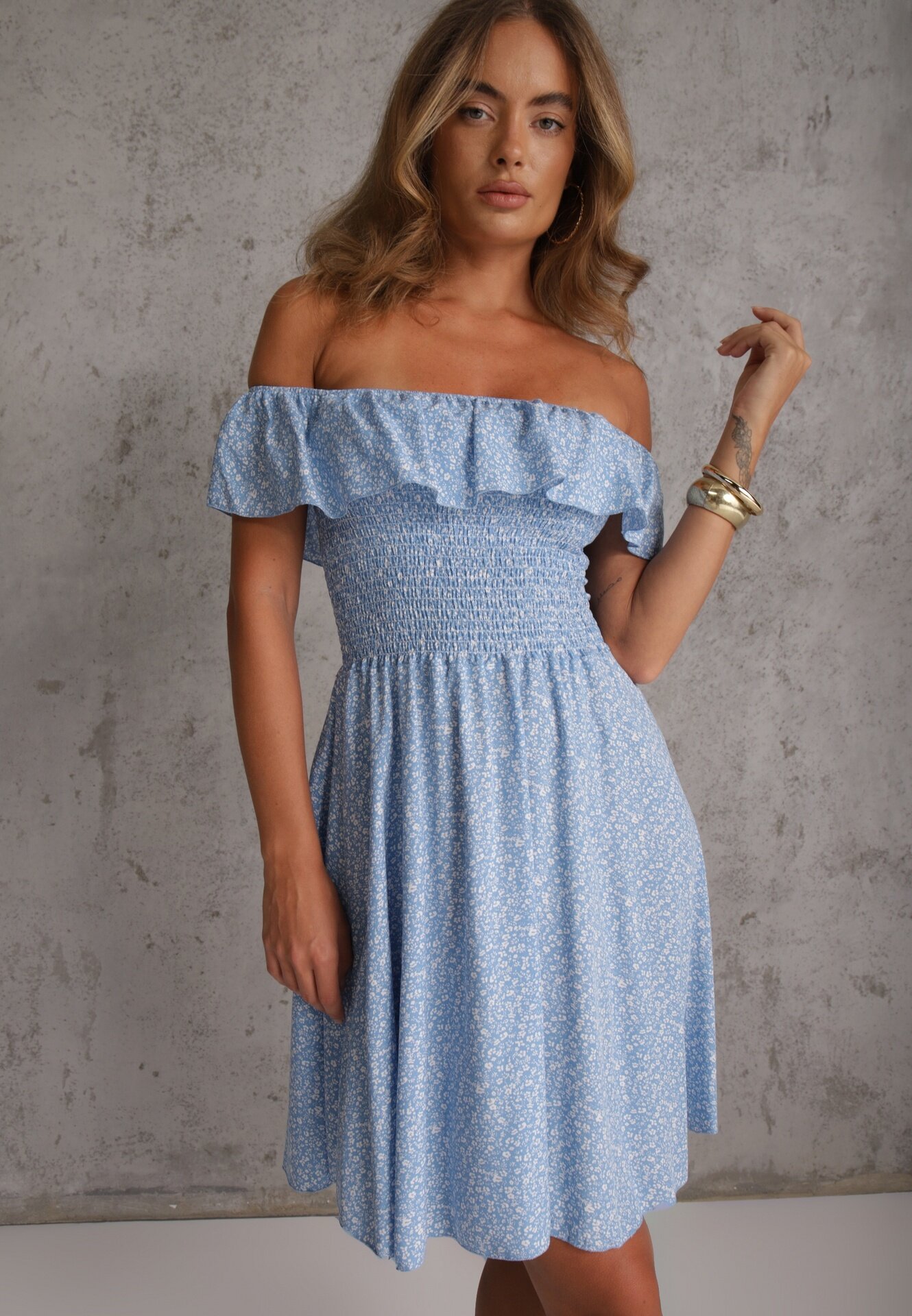 defox Rochie Albastră Florală Spaniolă din Bumbac cu Elastic în Talie Nevima