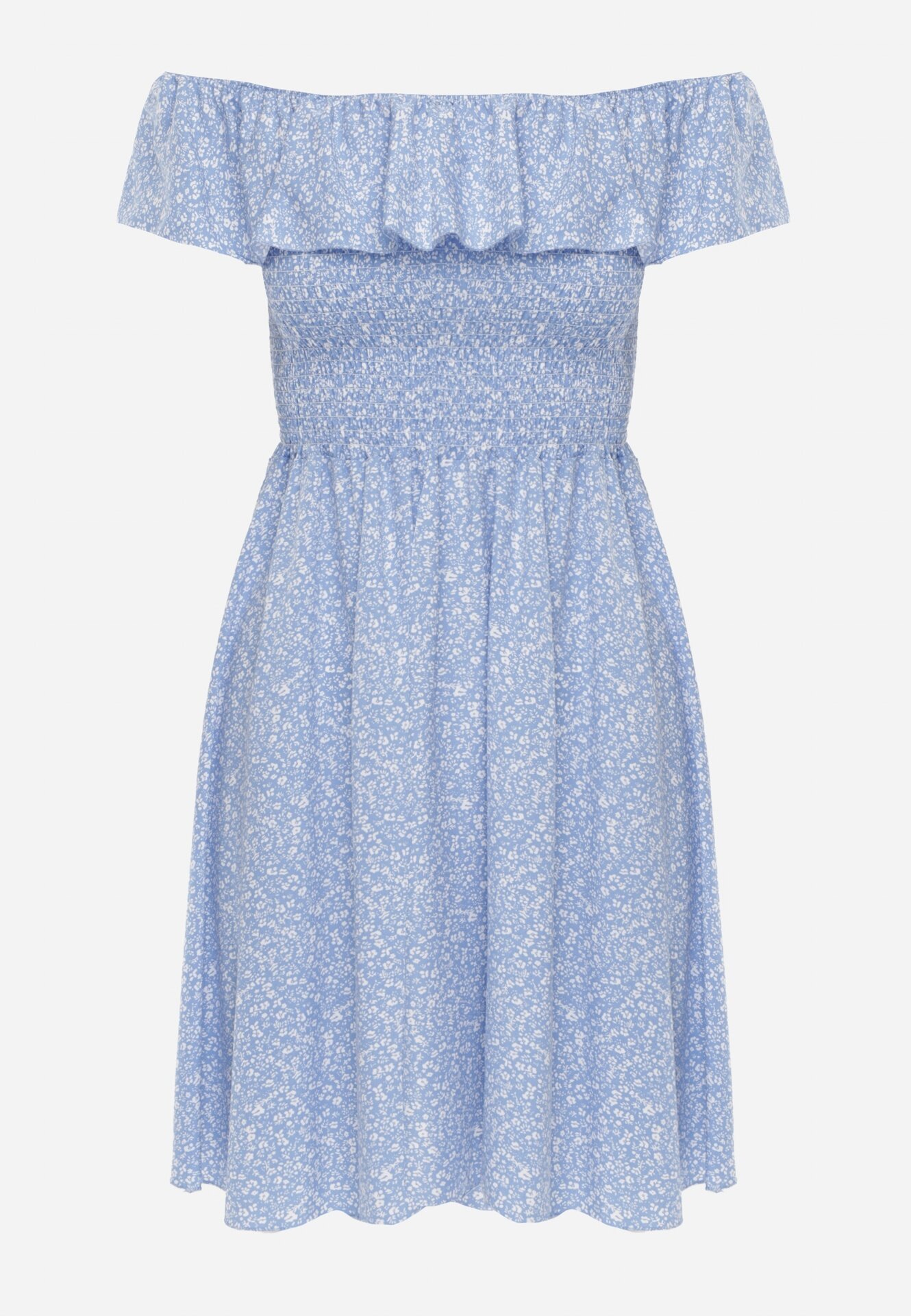 defox Rochie Albastră Florală Spaniolă din Bumbac cu Elastic în Talie Nevima
