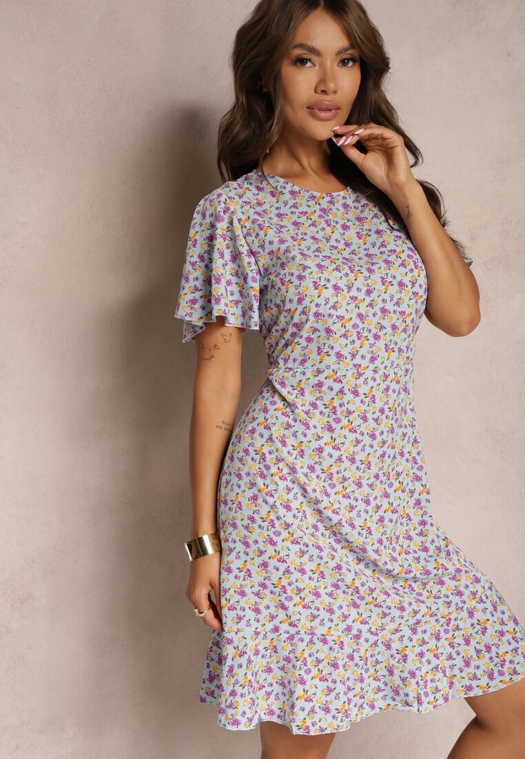 defox Rochie Albastră Midi cu croială tip cutie florală Kimbr