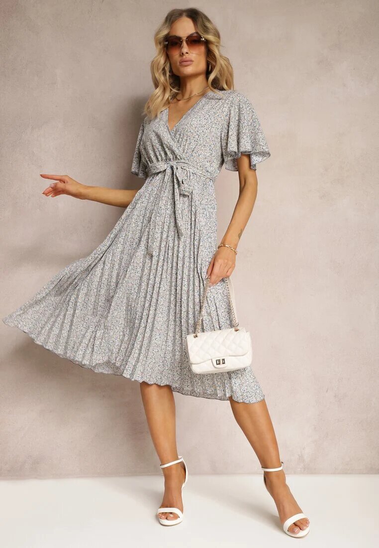 defox Rochie Albastru-Bej cu Croială Cloș cu Elastic în Talie și Decolteu Petrecut cu Curea din Material Textil Qrissa
