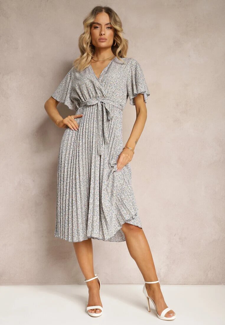 defox Rochie Albastru-Bej cu Croială Cloș cu Elastic în Talie și Decolteu Petrecut cu Curea din Material Textil Qrissa