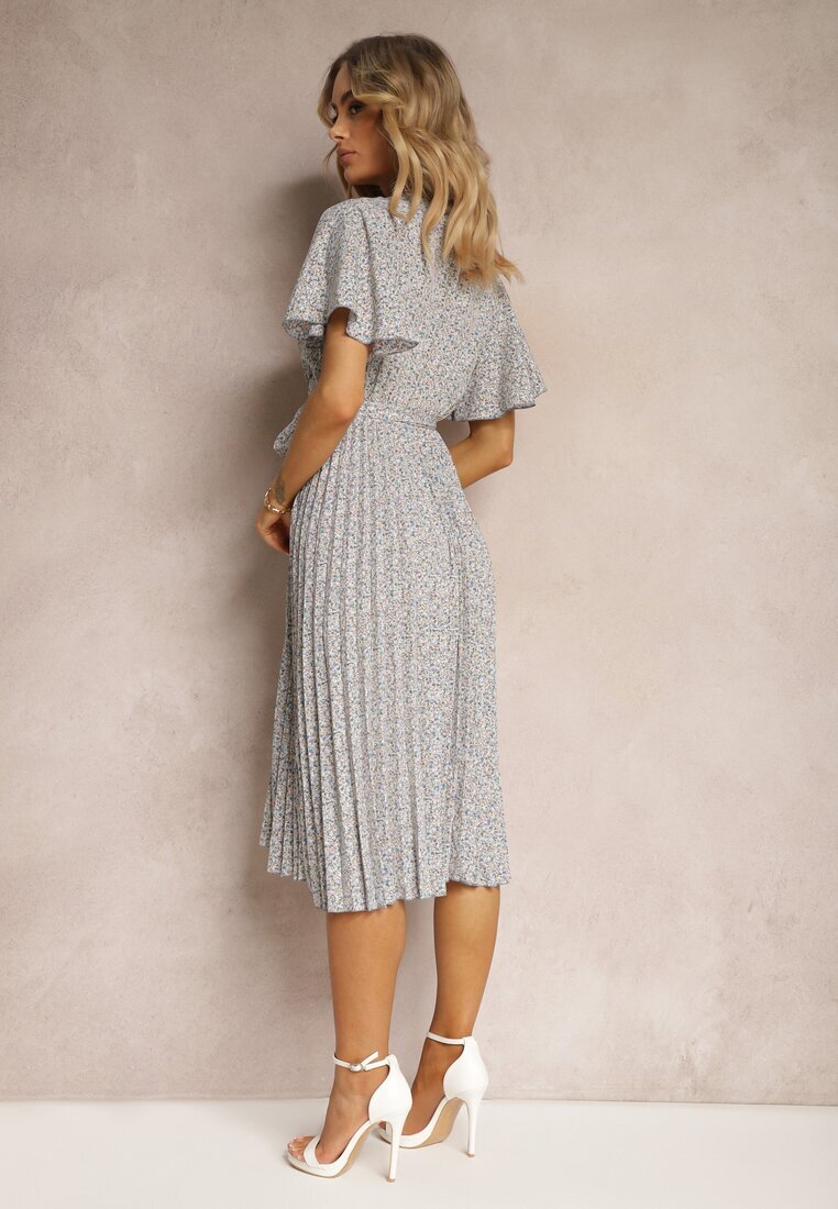defox Rochie Albastru-Bej cu Croială Cloș cu Elastic în Talie și Decolteu Petrecut cu Curea din Material Textil Qrissa