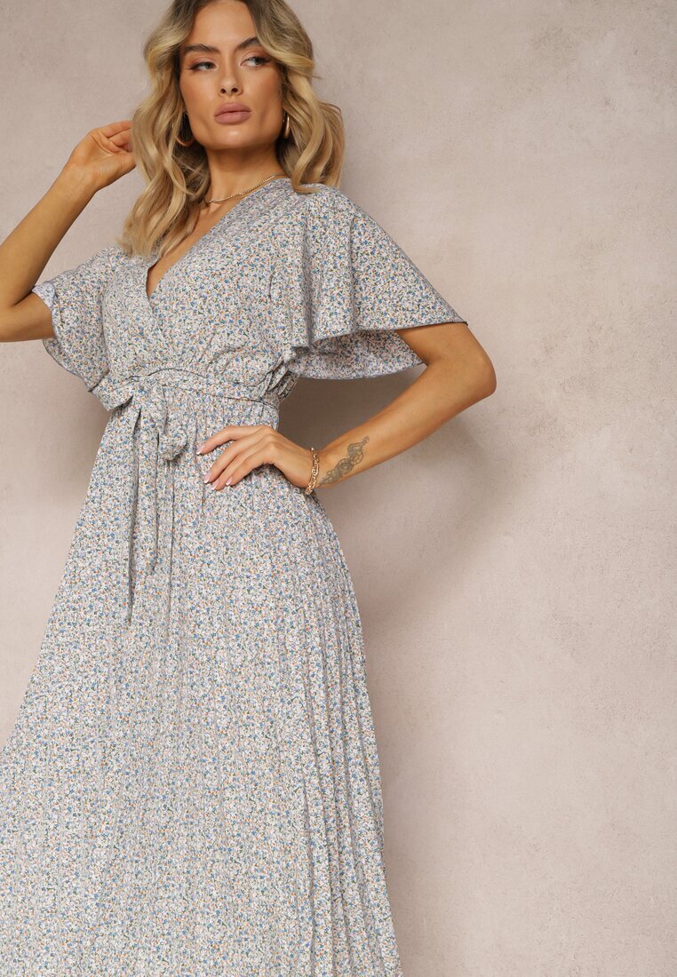 defox Rochie Albastru-Bej cu Croială Cloș cu Elastic în Talie și Decolteu Petrecut cu Curea din Material Textil Qrissa