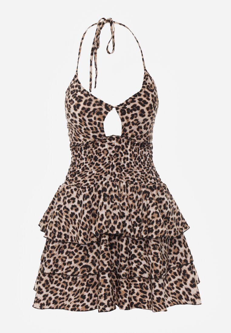 defox Rochie Bej cu imprimeu leopard cu legătură la gât și volane Gilanne