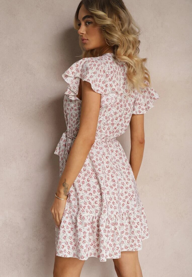 defox Rochie Bej-Roz Florală cu Volane cu Elastic în Talie și Curea din Material Nannesa