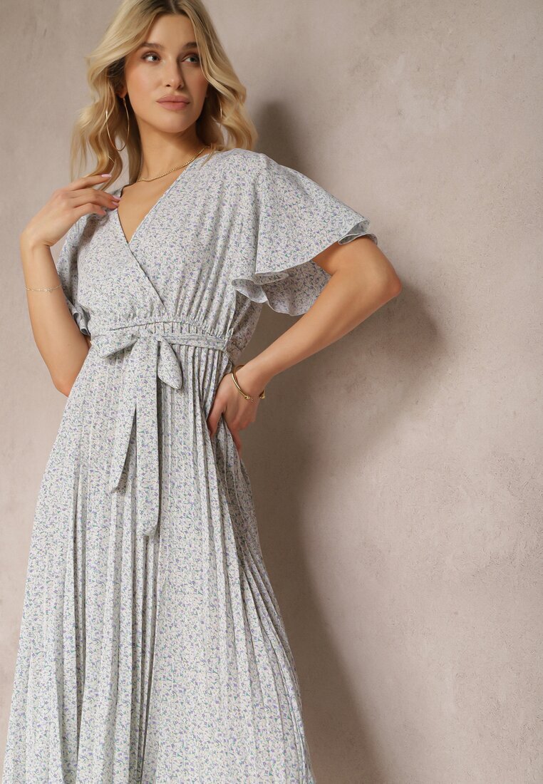 defox Rochie Bej și Violet cu croială evazată cu elastic în talie și decolteu petrecut cu curea din material Qrissa