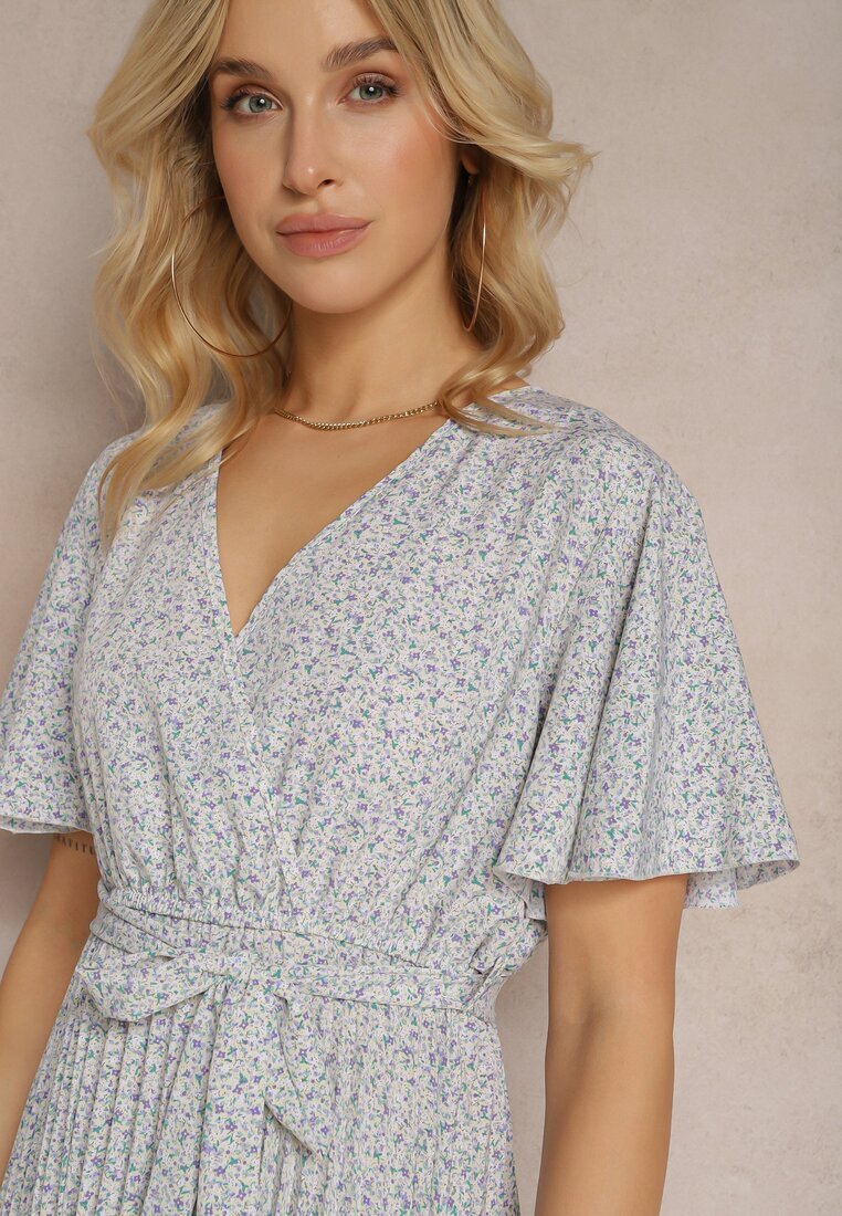 defox Rochie Bej și Violet cu croială evazată cu elastic în talie și decolteu petrecut cu curea din material Qrissa