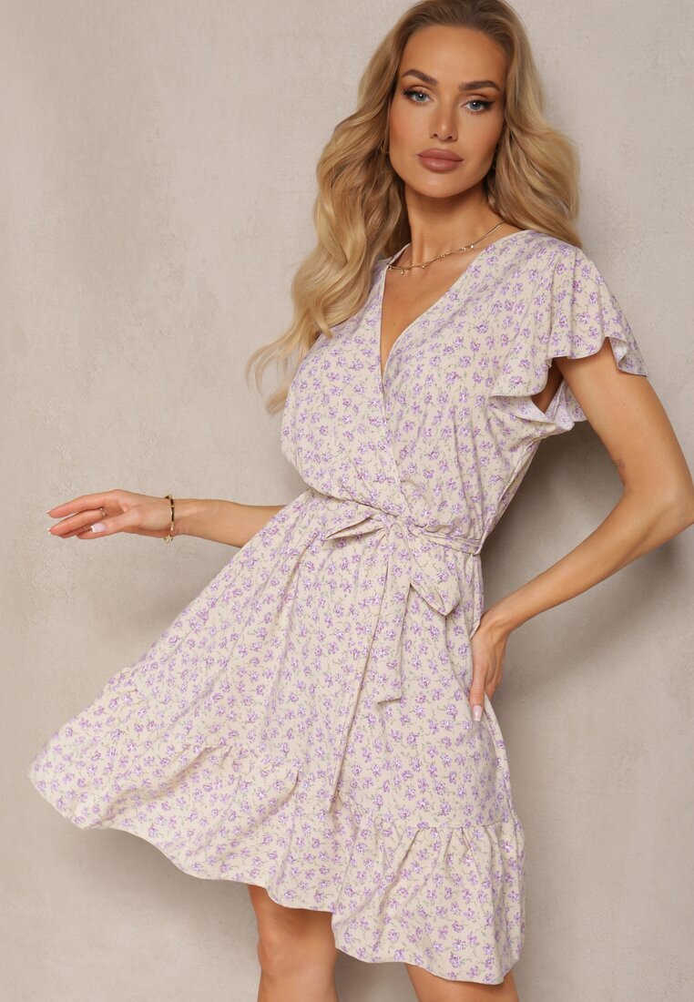 defox Rochie Bej-Violet Florală cu volane cu elastic în talie și curea din material textil Nannesa