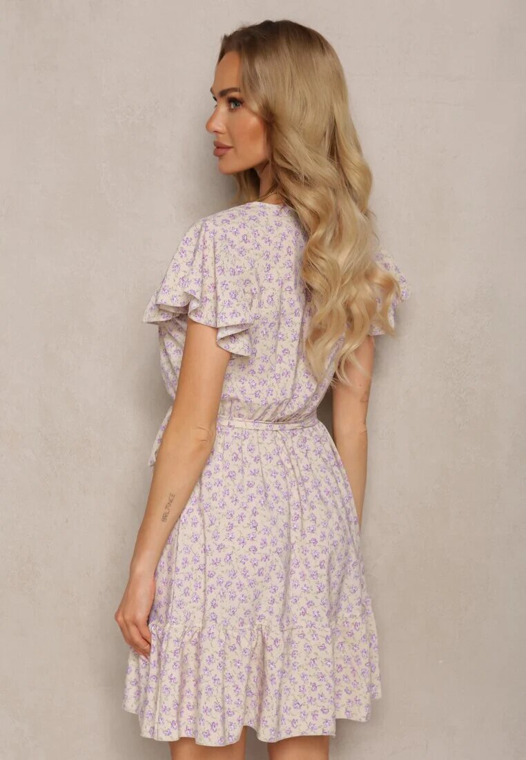 defox Rochie Bej-Violet Florală cu volane cu elastic în talie și curea din material textil Nannesa