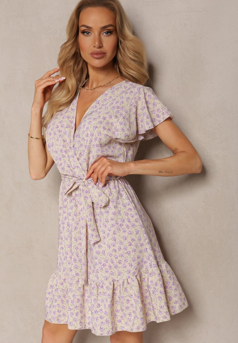 defox Rochie Bej-Violet Florală cu volane cu elastic în talie și curea din material textil Nannesa
