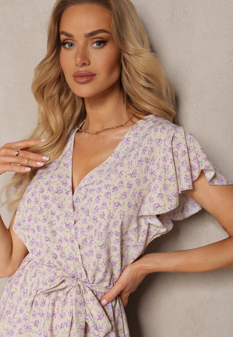 defox Rochie Bej-Violet Florală cu volane cu elastic în talie și curea din material textil Nannesa