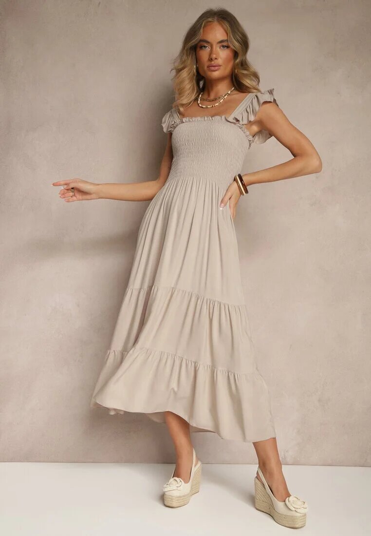 defox Rochie Bejă din Bumbac cu Bretele Decorată cu Volane și Elastice Mevalys