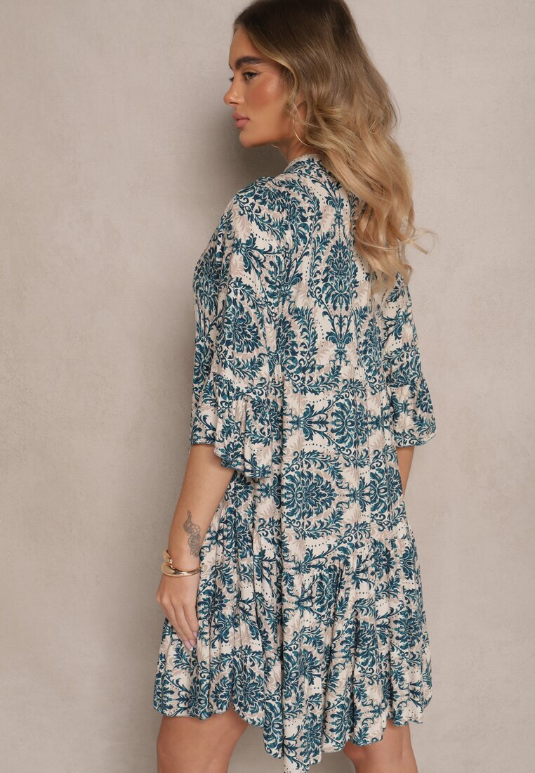 defox Rochie bleumarin-bej din bumbac cu croi evazat cu imprimeu ornamental Laniwea