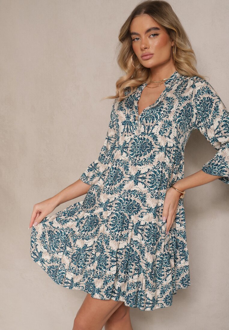 defox Rochie bleumarin-bej din bumbac cu croi evazat cu imprimeu ornamental Laniwea