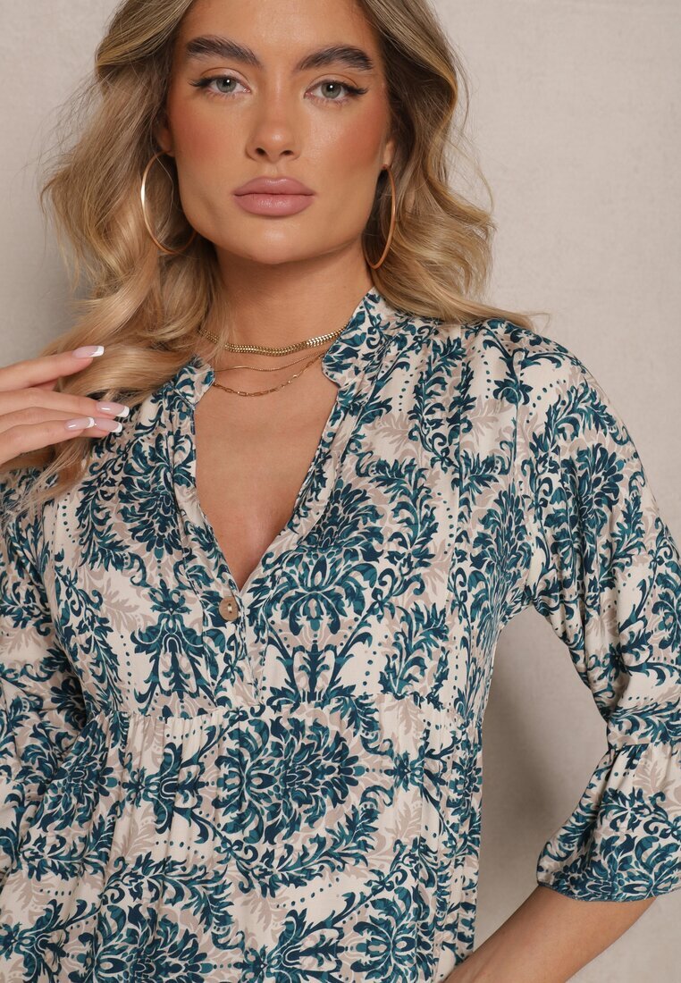 defox Rochie bleumarin-bej din bumbac cu croi evazat cu imprimeu ornamental Laniwea