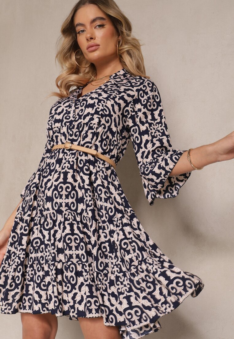 defox Rochie Bleumarin de bumbac evazată cu imprimeu etnic Zalivine