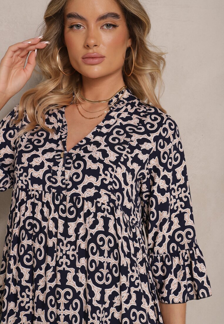 defox Rochie Bleumarin de bumbac evazată cu imprimeu etnic Zalivine