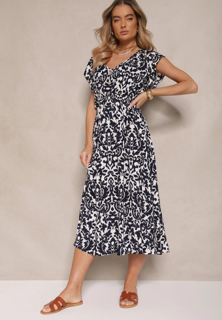 defox Rochie Bleumarin din bumbac Cloche cu volane cu imprimeu floral Zalimara