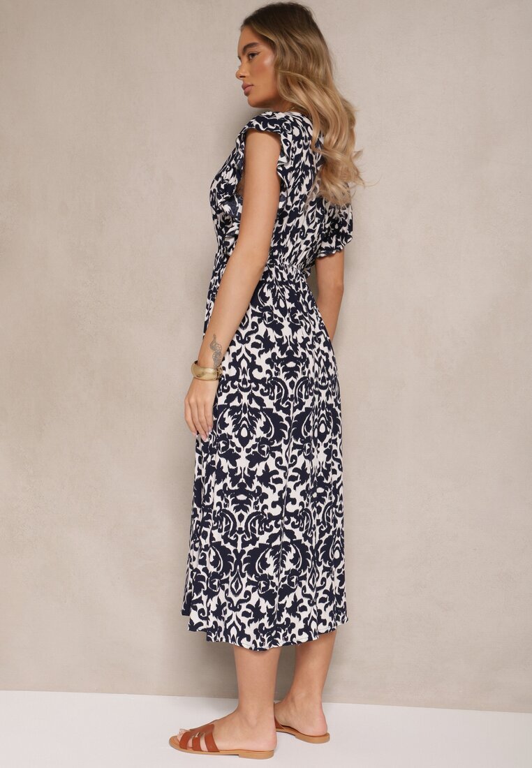 defox Rochie Bleumarin din bumbac Cloche cu volane cu imprimeu floral Zalimara