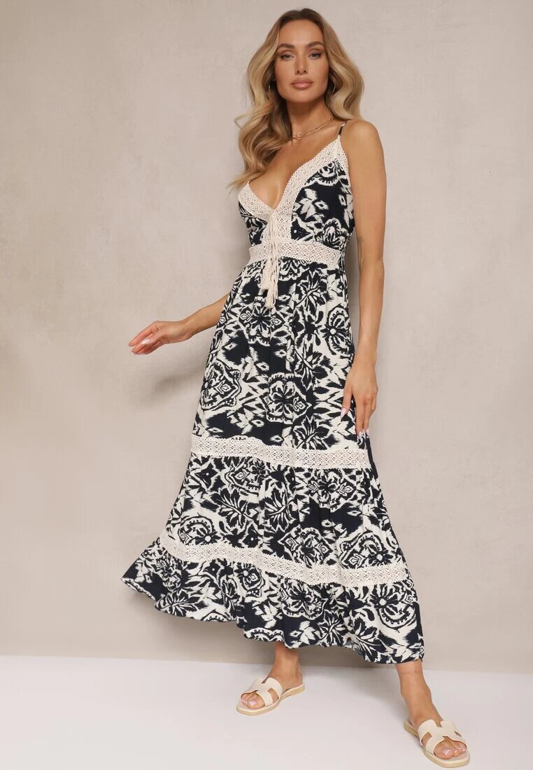 defox Rochie bleumarin din bumbac cu croi evazat cu imprimeu etnic Taliraya