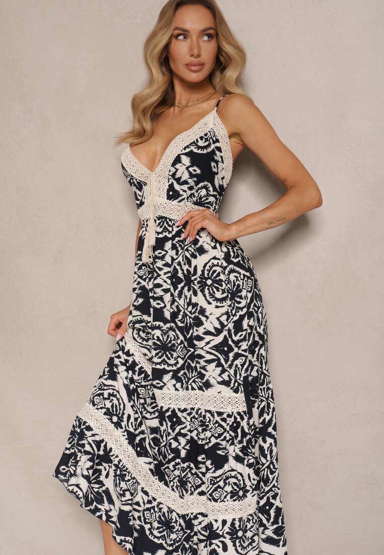defox Rochie bleumarin din bumbac cu croi evazat cu imprimeu etnic Taliraya