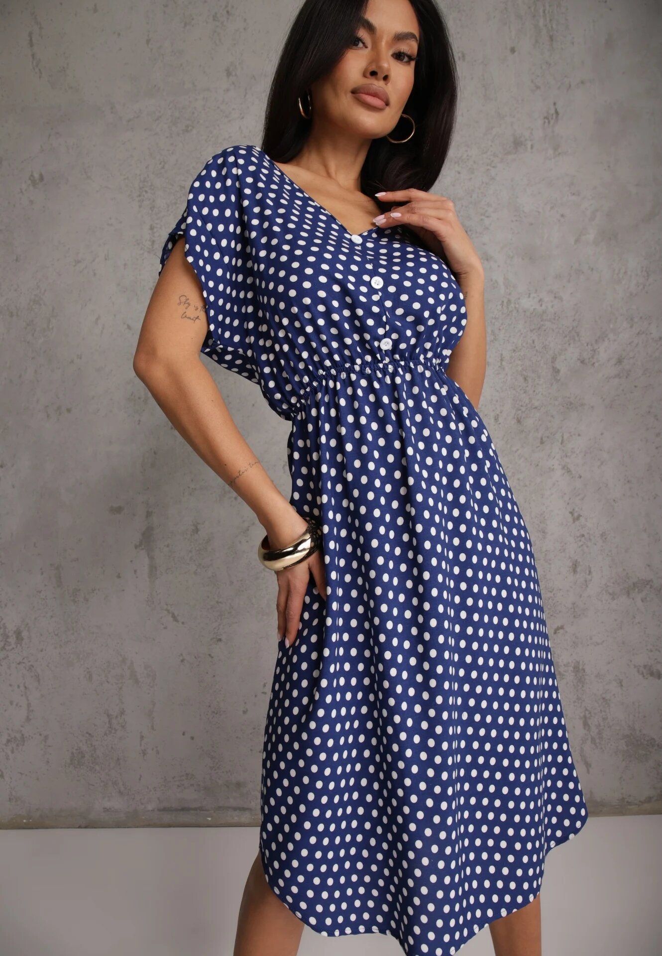 defox Rochie Bleumarin din Bumbac cu croială cloche cu elastic în talie Emilla